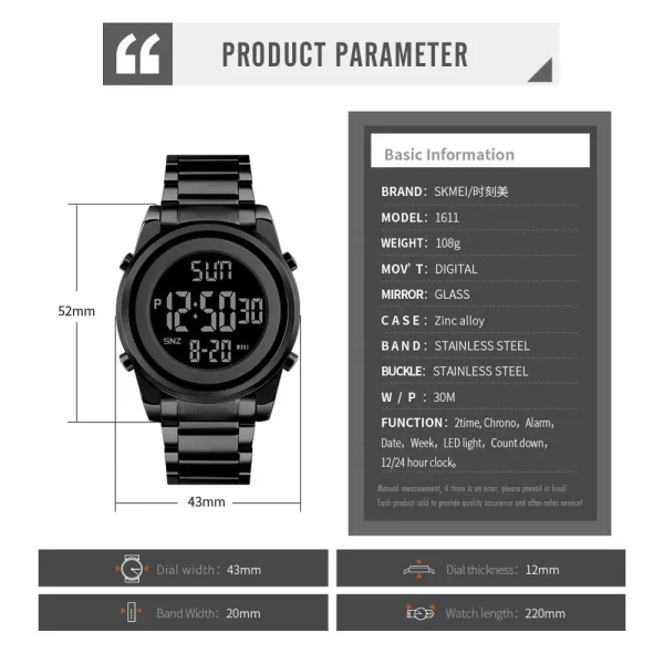 SKMEI 1611 Multifunction Digital Sports Watch with Chronograph and Countdown Timer (30M Waterproof) - Image 6