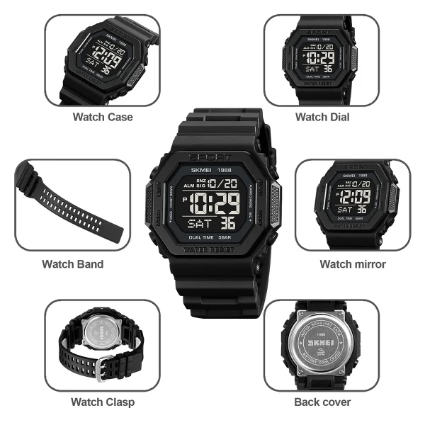 SKMEI 1988 Digital Sports Watch with Dual Time & Countdown Timer for Men and Women (50M Waterproof) - Image 5