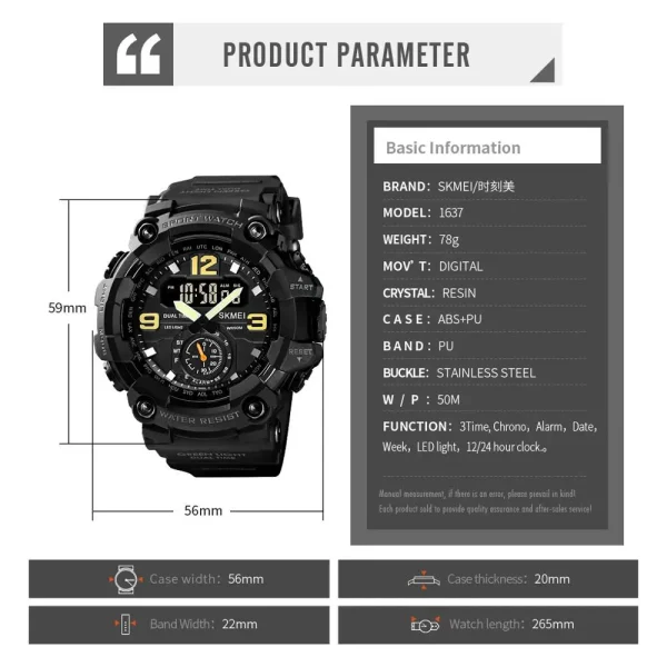 SKMEI 1637 Multifunction Digital Sports Watch with 3Time Chronograph and Countdown Timer for Men (50M Waterproof) - Image 6