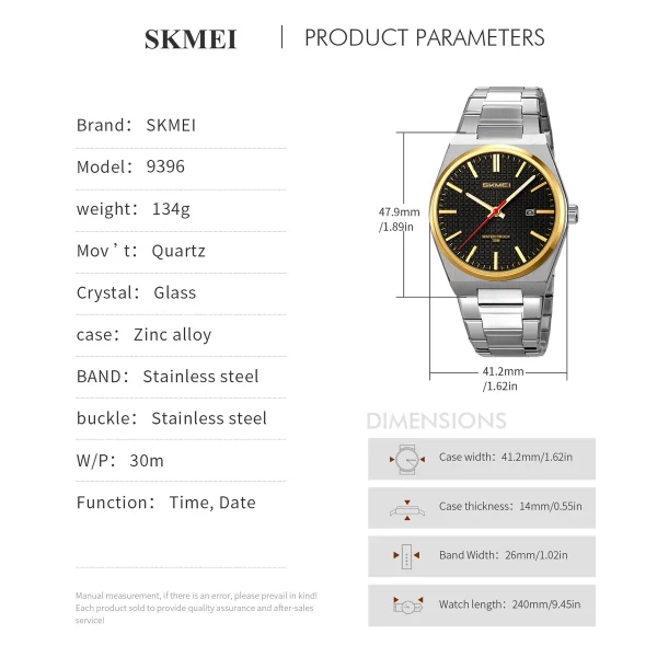 Skmei 9396 Classic Quartz Dress Watch for Men and Women with Date (30M Waterproof) - Image 6