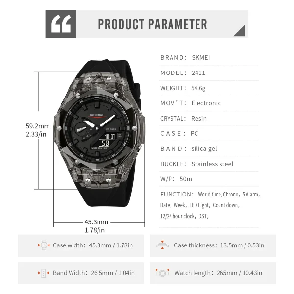 Skmei 2411 Multifunction Digital Sports Watch with World Time and 5 Alarms (50M Waterproof) - Image 6