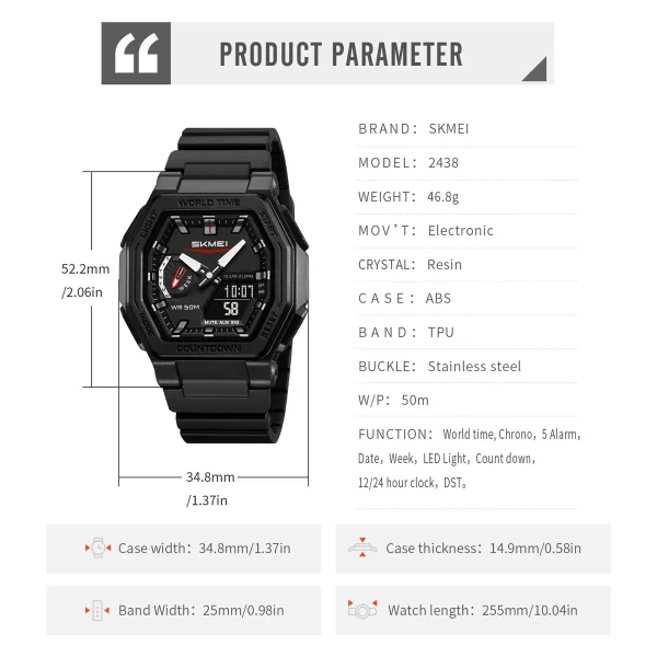 Skmei 2438 Multifunction Digital Sports Watch with Luminous Display and World Time (50M Waterproof) - Image 6