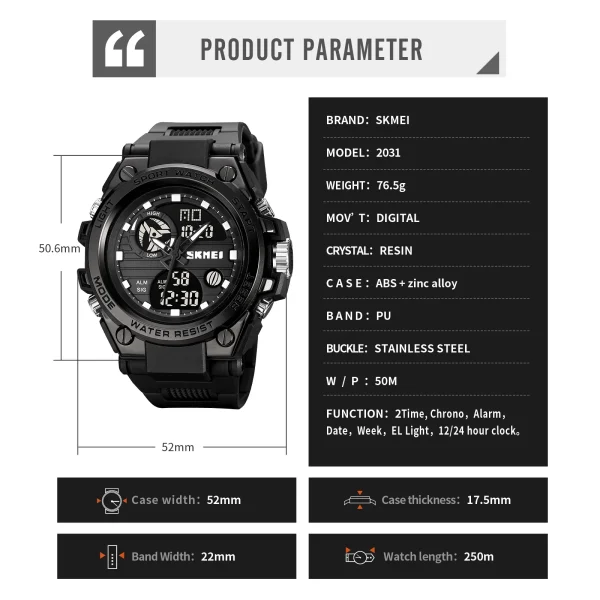 Skmei 2031 Multifunction Digital Sports Watch with Chronograph and Backlight (50M Waterproof) - Image 6