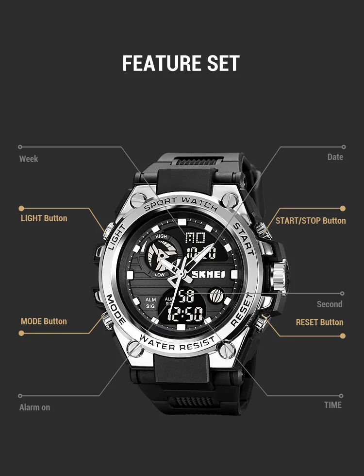 SKMEI Waterproof Multifunction Chrono Watch Double Display Digital Wristwatches For Men Back Light Creative Watches reloj hombre