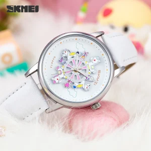 Skmei Carousel Rotating Dial Watch with Cartoon Horse Design for Women (3ATM Waterproof)