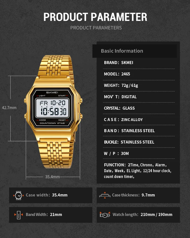 SKMEI 2465 Stainless Steel Waterproof Luxury Digital Watch for Men Electronic Mens Wristwatches LED Display Sport Reloj Hombre SKMEI 2465 Stainless Steel Waterproof Luxury Digital Watch for Men Electronic Mens Wristwatches LED Display Sport Reloj Hombre