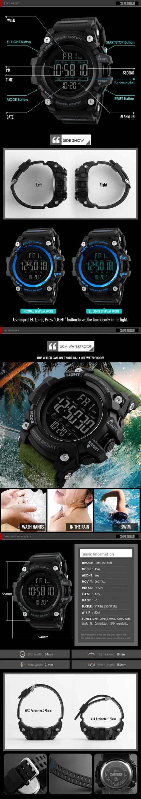 SKMEI 1384 Waterproof Sport Electronic Watch for Men Military Digital Mens Wristwatches Shockproof Clock 1358 Reloj Masculino SKMEI 1384 Waterproof Sport Electronic Watch for Men Military Digital Mens Wristwatches Shockproof Clock 1358 Reloj Masculino