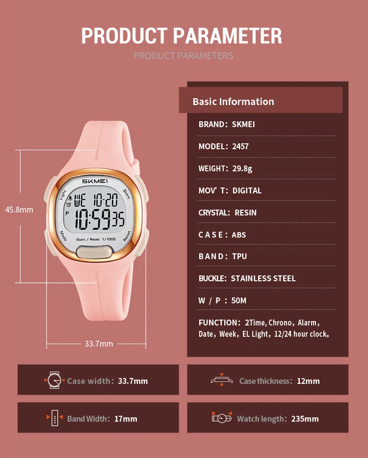 SKMEI 2457 Luxury Digital Womens Wristwatches Stopwatch Lady LED Display Waterproof Shockproof Countdown Watches for Women 2094 SKMEI 2457 Luxury Digital Womens Wristwatches Stopwatch Lady LED Display Waterproof Shockproof Countdown Watches for Women 2094