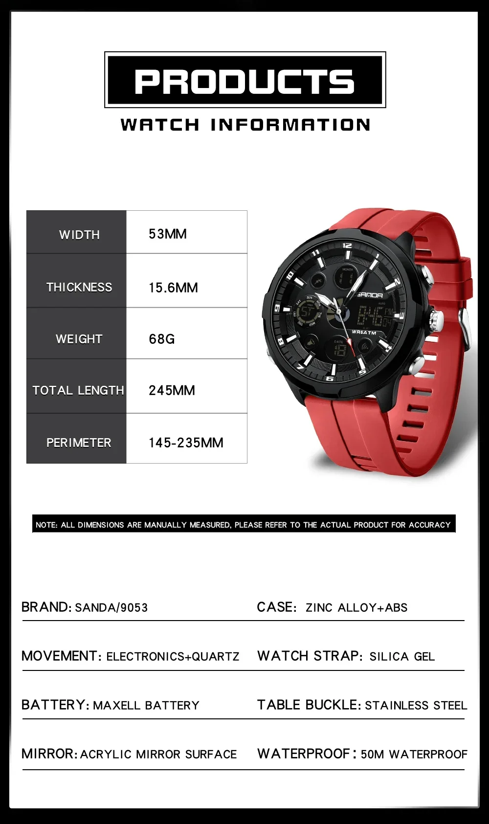 SANDA 9053 Military Waterproof LED Dual Display Digital Quartz Mens Wristwatches Sports Shockproof Watch for Men Luminous Alarm SANDA 9053 Military Waterproof LED Dual Display Digital Quartz Mens Wristwatches Sports Shockproof Watch for Men Luminous Alarm