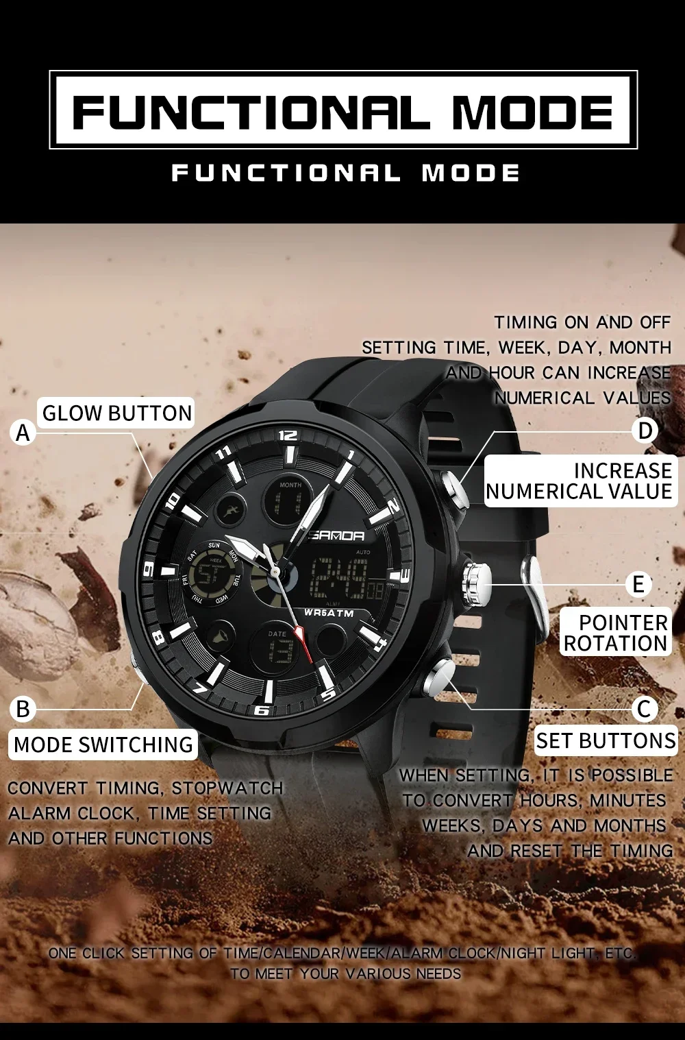 SANDA 9053 Military Waterproof LED Dual Display Digital Quartz Mens Wristwatches Sports Shockproof Watch for Men Luminous Alarm SANDA 9053 Military Waterproof LED Dual Display Digital Quartz Mens Wristwatches Sports Shockproof Watch for Men Luminous Alarm
