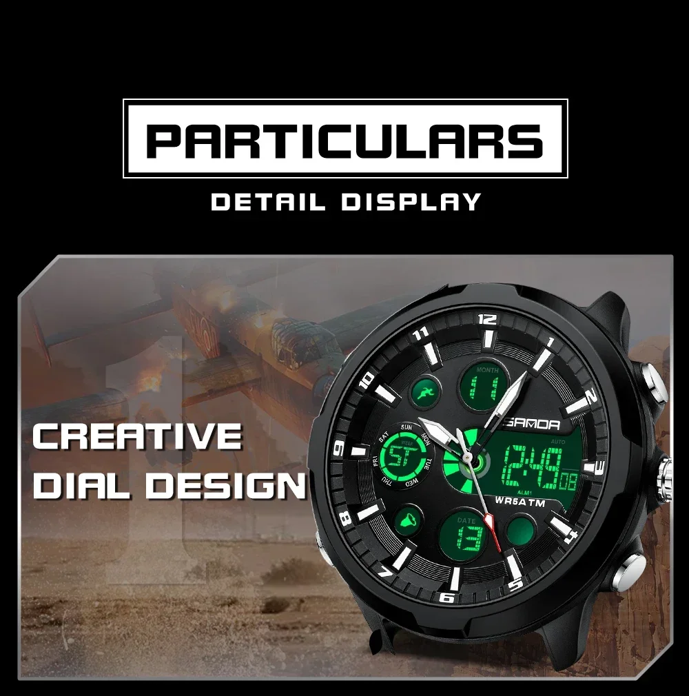 SANDA 9053 Military Waterproof LED Dual Display Digital Quartz Mens Wristwatches Sports Shockproof Watch for Men Luminous Alarm SANDA 9053 Military Waterproof LED Dual Display Digital Quartz Mens Wristwatches Sports Shockproof Watch for Men Luminous Alarm