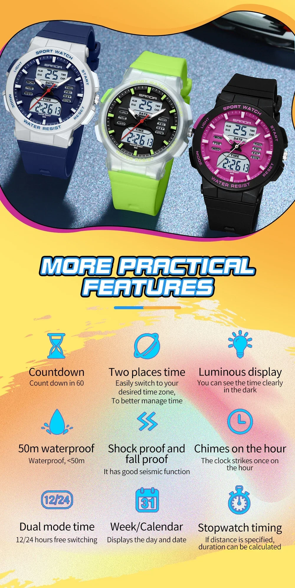 SANDA 6185 Digital Sport Casual Ladies Dual Display Watch for Women Military Waterproof Quartz Shockproof Womens Wristwatches SANDA 6185 Digital Sport Casual Ladies Dual Display Watch for Women Military Waterproof Quartz Shockproof Womens Wristwatches