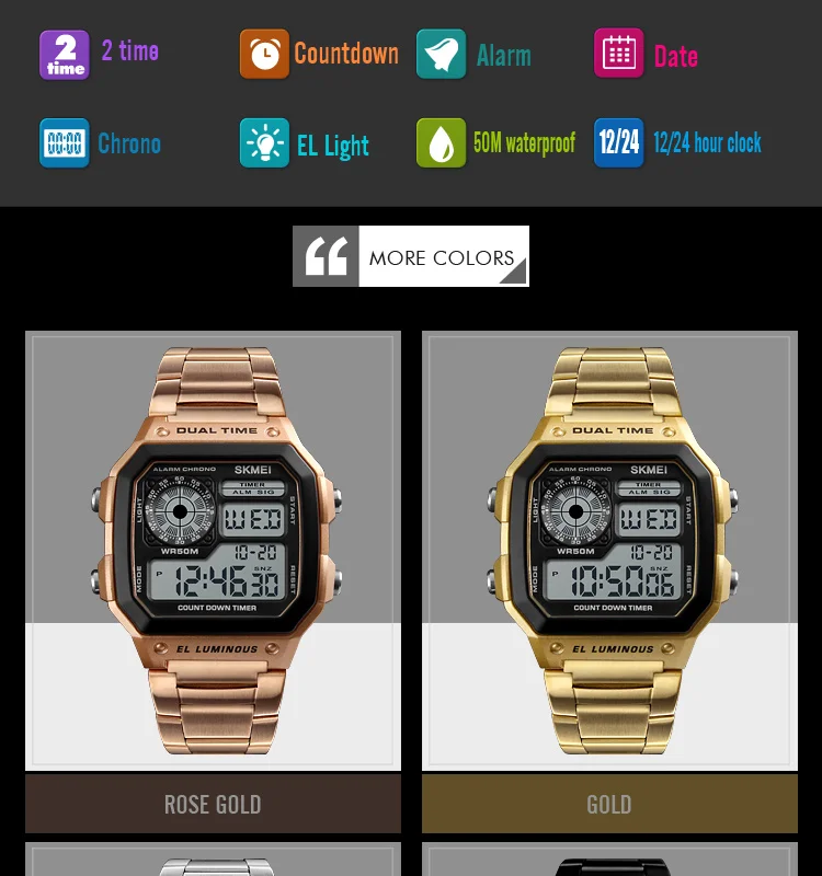 SKMEI Digital Watch for Men Retro Sports Waterproof Chrono Electronic Mens Wristwatches Stainless Steel Clock Reloj Hombre 1335