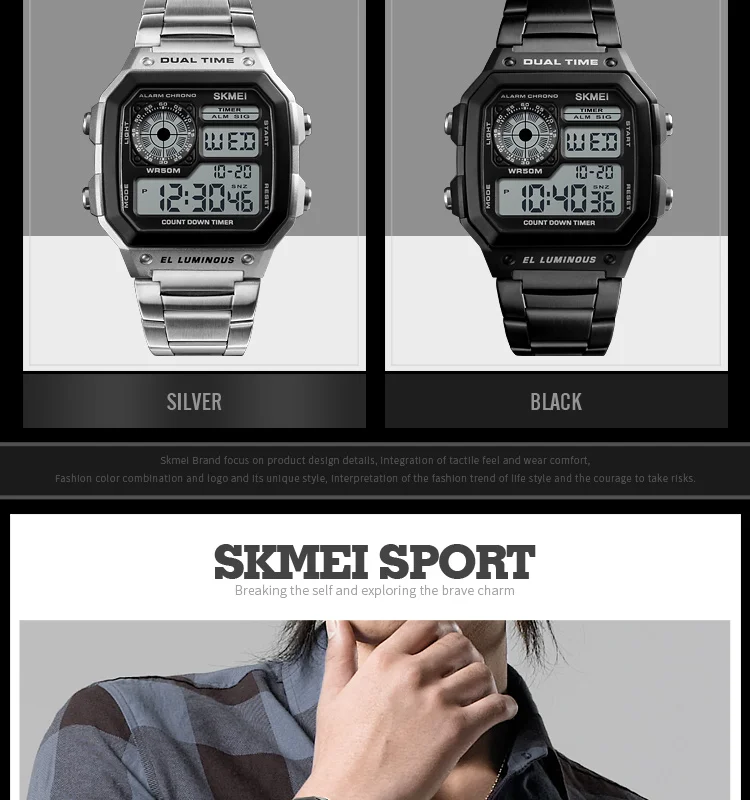 SKMEI Digital Watch for Men Retro Sports Waterproof Chrono Electronic Mens Wristwatches Stainless Steel Clock Reloj Hombre 1335