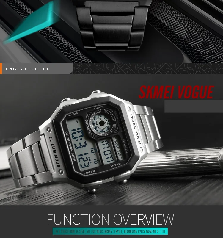 SKMEI Digital Watch for Men Retro Sports Waterproof Chrono Electronic Mens Wristwatches Stainless Steel Clock Reloj Hombre 1335