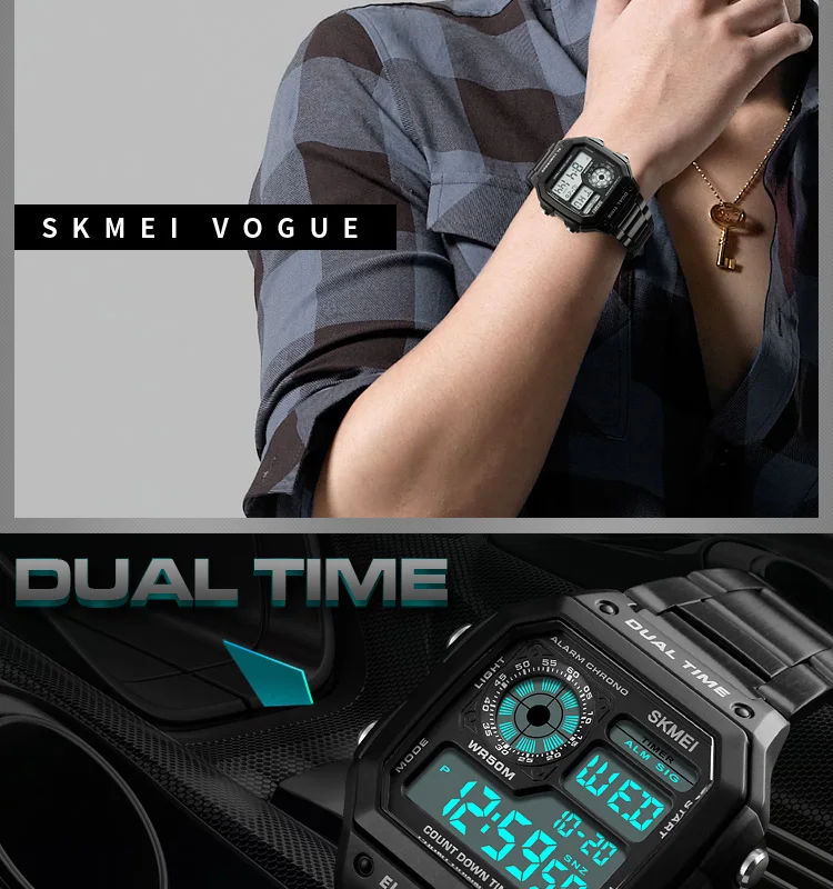 SKMEI Digital Watch for Men Retro Sports Waterproof Chrono Electronic Mens Wristwatches Stainless Steel Clock Reloj Hombre 1335