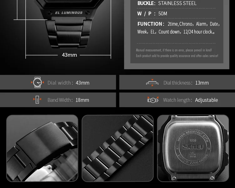 SKMEI Digital Watch for Men Retro Sports Waterproof Chrono Electronic Mens Wristwatches Stainless Steel Clock Reloj Hombre 1335