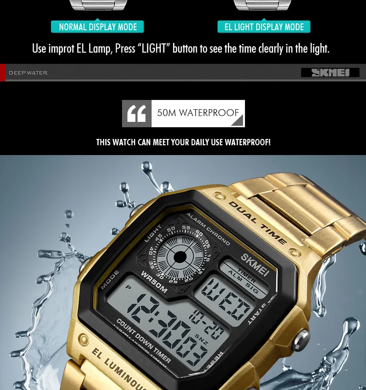 SKMEI Digital Watch for Men Retro Sports Waterproof Chrono Electronic Mens Wristwatches Stainless Steel Clock Reloj Hombre 1335