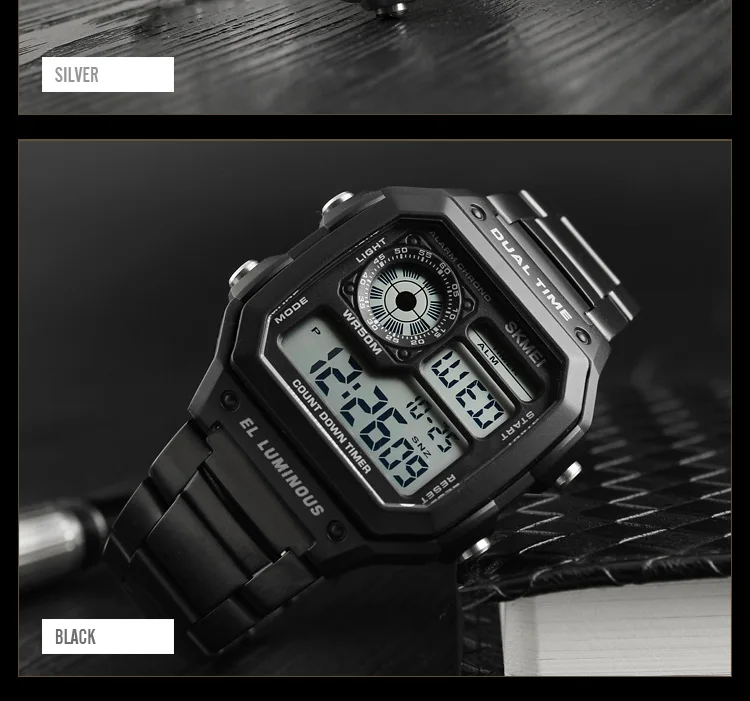 SKMEI Digital Watch for Men Retro Sports Waterproof Chrono Electronic Mens Wristwatches Stainless Steel Clock Reloj Hombre 1335