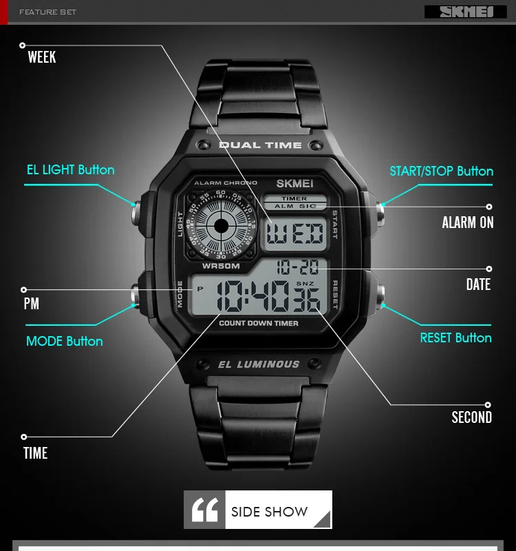 SKMEI Digital Watch for Men Retro Sports Waterproof Chrono Electronic Mens Wristwatches Stainless Steel Clock Reloj Hombre 1335