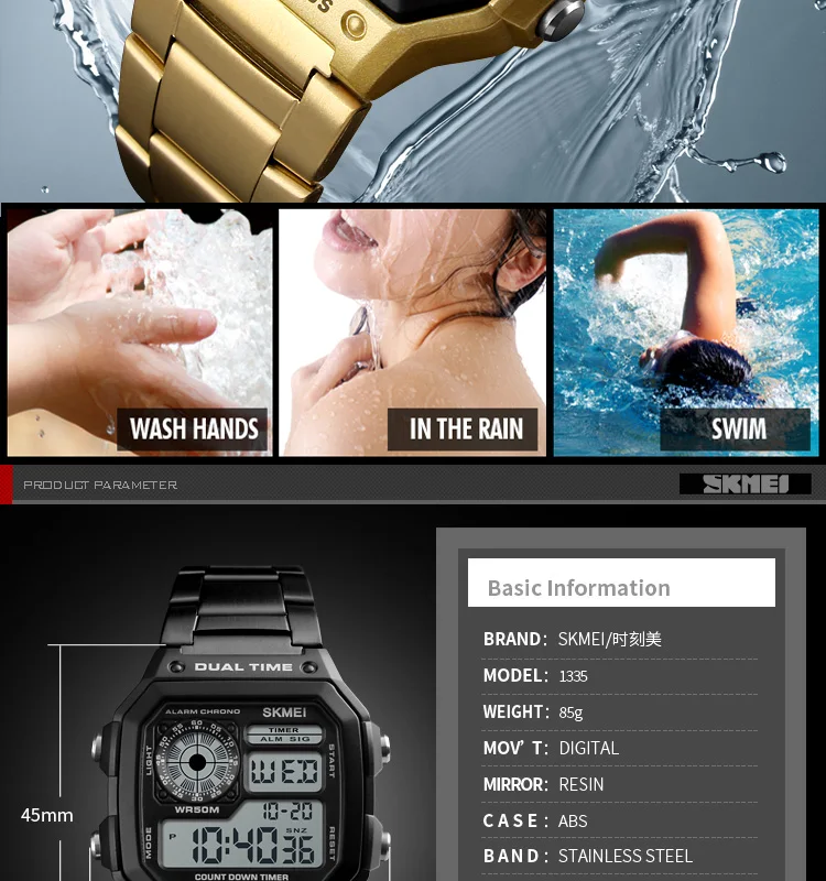SKMEI Digital Watch for Men Retro Sports Waterproof Chrono Electronic Mens Wristwatches Stainless Steel Clock Reloj Hombre 1335