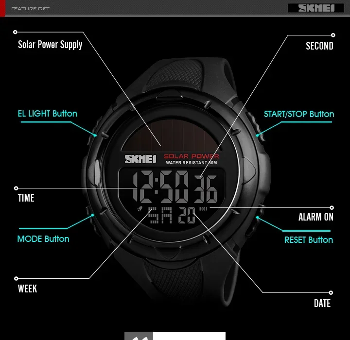 SKMEI Digital Sports Watch for Men Solar Waterproof Electronic Mens Wristwatches Countdown Alarm Clock 1025 Reloj Hombre 1405