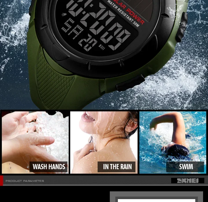 SKMEI Digital Sports Watch for Men Solar Waterproof Electronic Mens Wristwatches Countdown Alarm Clock 1025 Reloj Hombre 1405