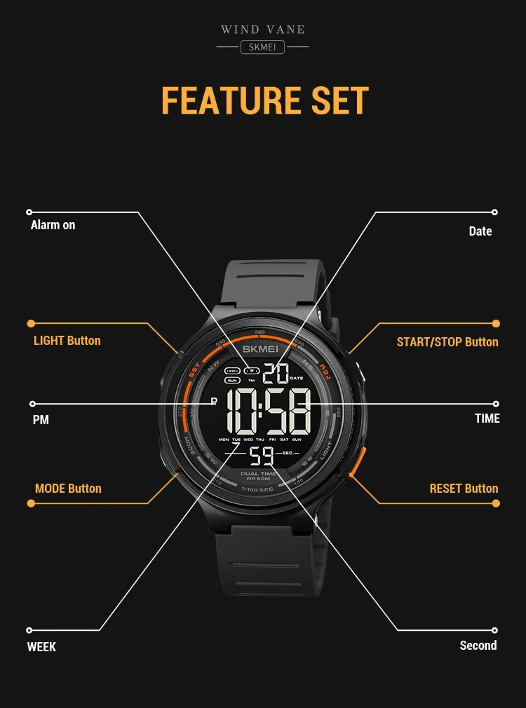 SKMEI Digital Sports Watch for Men Stopwatch Countdown LED Display Waterproof Mens Wristwatch Alarm Clock 1560 reloj hombre 1841