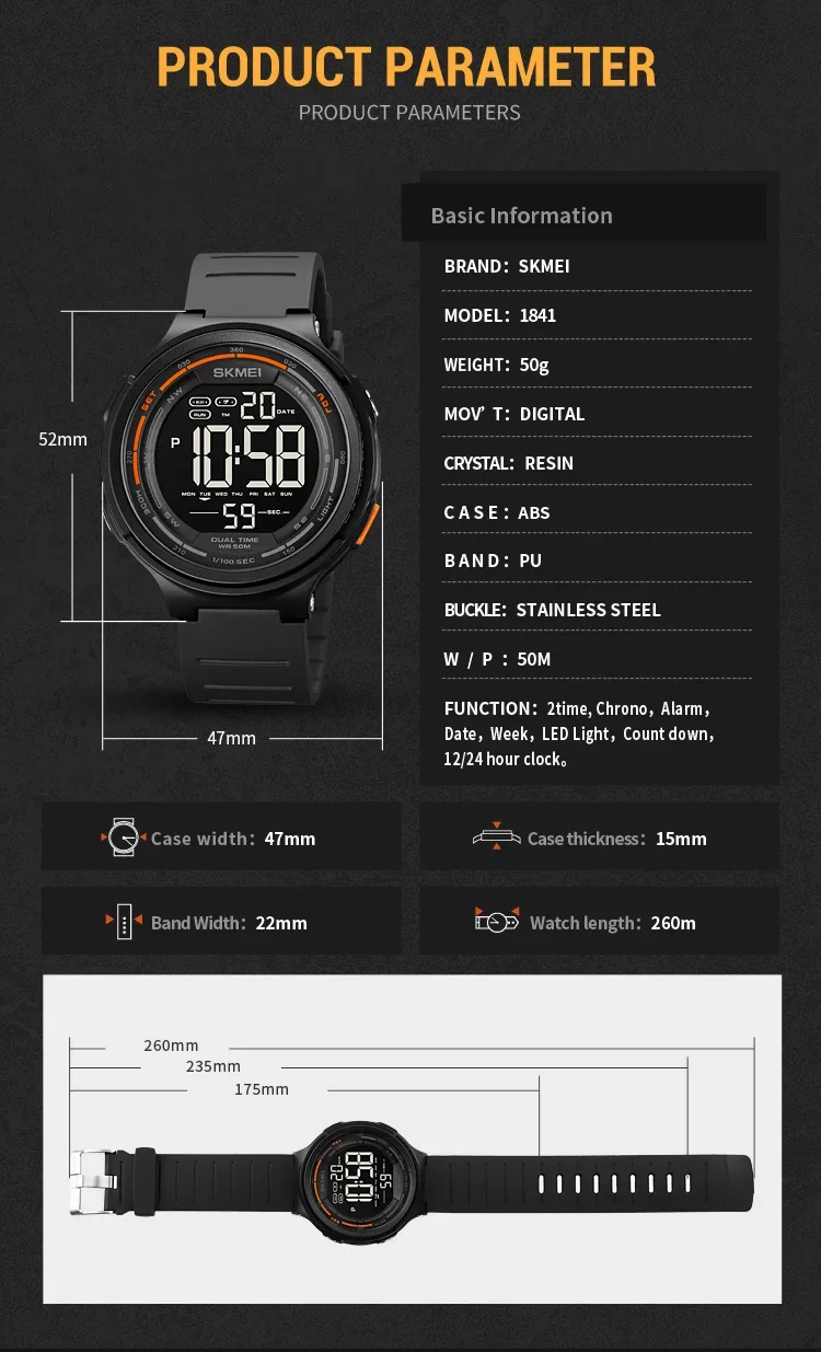 SKMEI Digital Sports Watch for Men Stopwatch Countdown LED Display Waterproof Mens Wristwatch Alarm Clock 1560 reloj hombre 1841