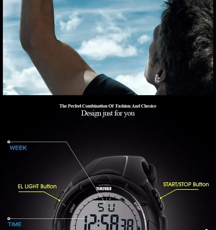 SKMEI Watch for Men Big Dial Sports Waterproof Electronic LED Mens Digital Wristwatches Alarm Man Clock 1045 Reloj Hombre 1025