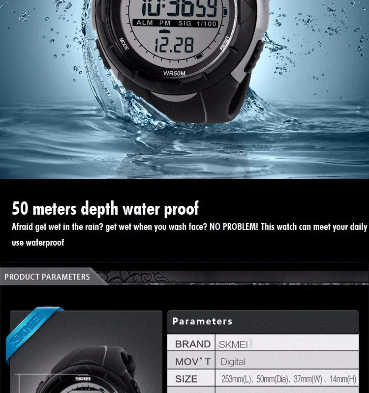 SKMEI Watch for Men Big Dial Sports Waterproof Electronic LED Mens Digital Wristwatches Alarm Man Clock 1045 Reloj Hombre 1025