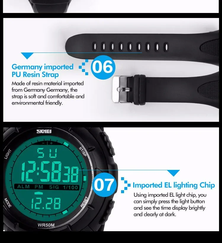 SKMEI Watch for Men Big Dial Sports Waterproof Electronic LED Mens Digital Wristwatches Alarm Man Clock 1045 Reloj Hombre 1025