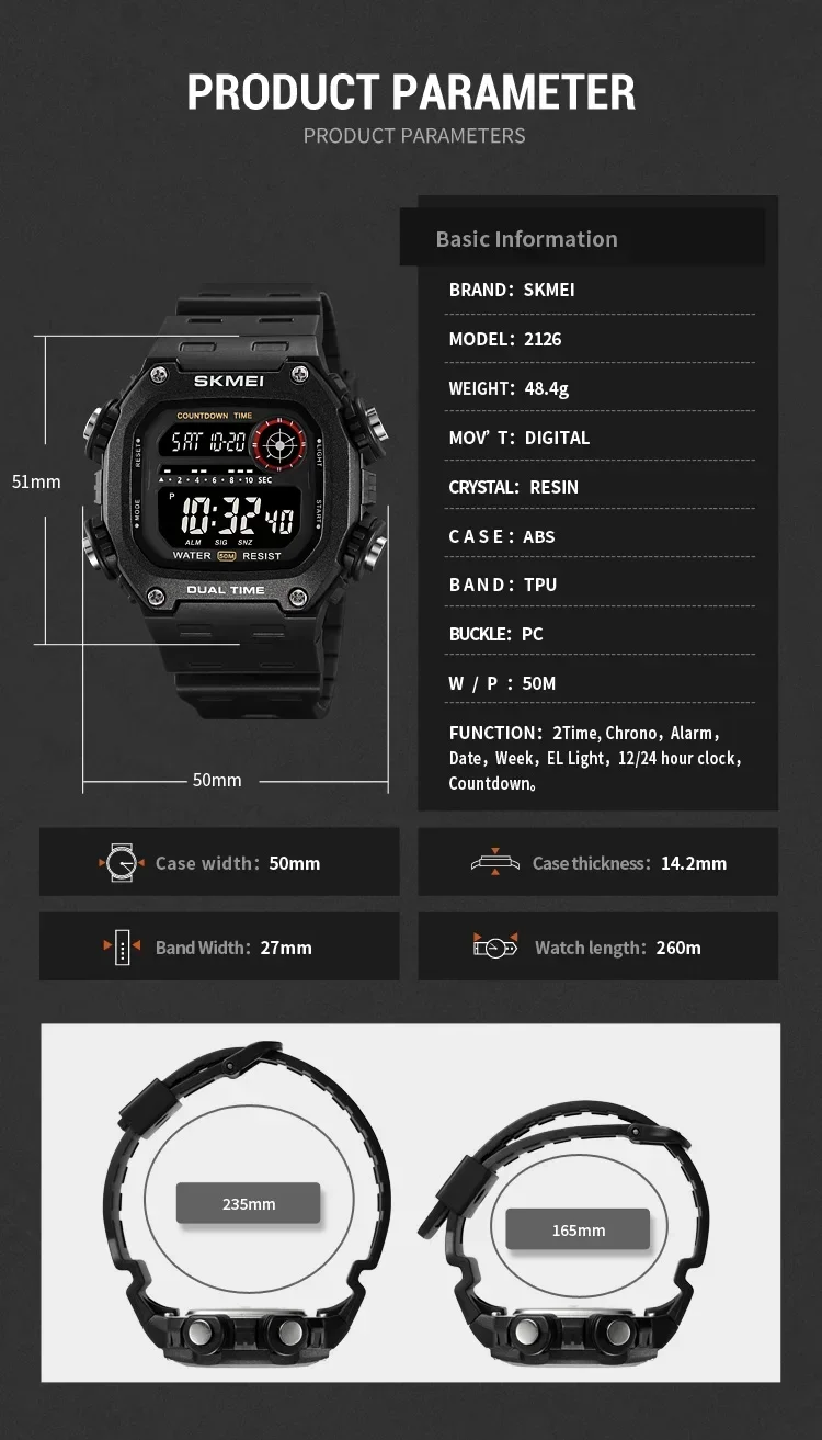 SKMEI Sports Watches for Men Waterproof Stopwatch Alarm LED Display Digital Countdown Mens Wristwatch Clock montre homme 2126