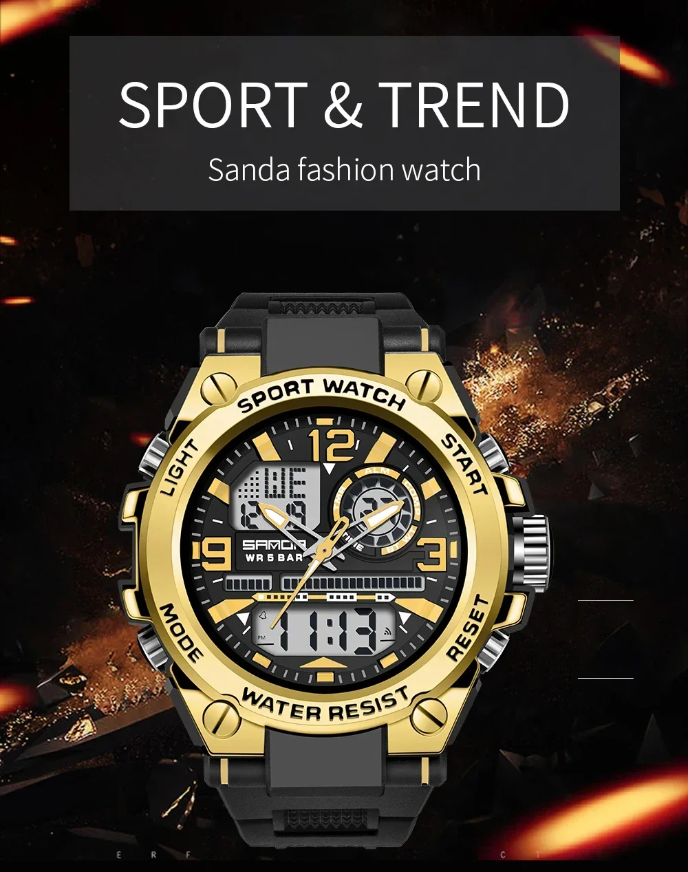 SANDA 6024 LED Dual Display Electronic Digital Mens Wristwatches Sport Quartz Watch for Men Waterproof Military Shockproof Clock