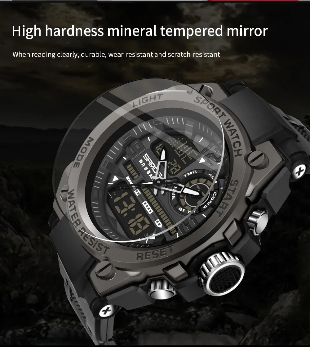 SANDA 6024 LED Dual Display Electronic Digital Mens Wristwatches Sport Quartz Watch for Men Waterproof Military Shockproof Clock