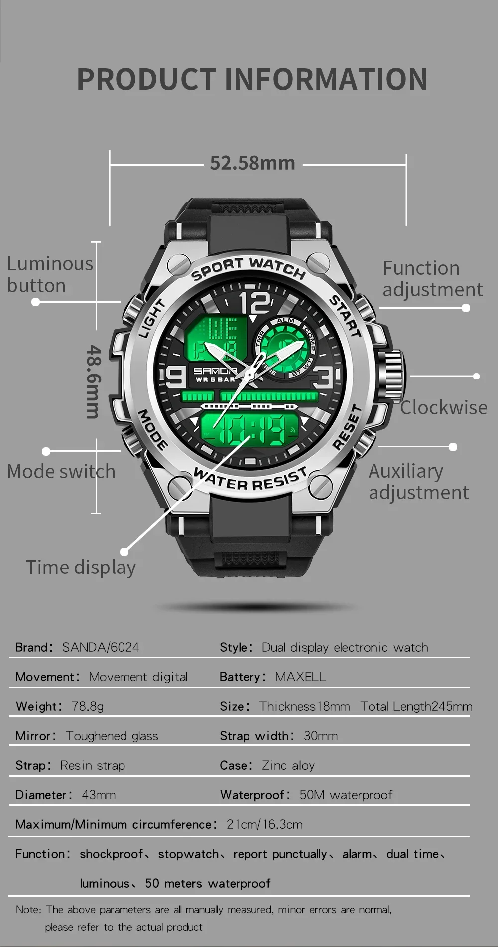 SANDA 6024 LED Dual Display Electronic Digital Mens Wristwatches Sport Quartz Watch for Men Waterproof Military Shockproof Clock
