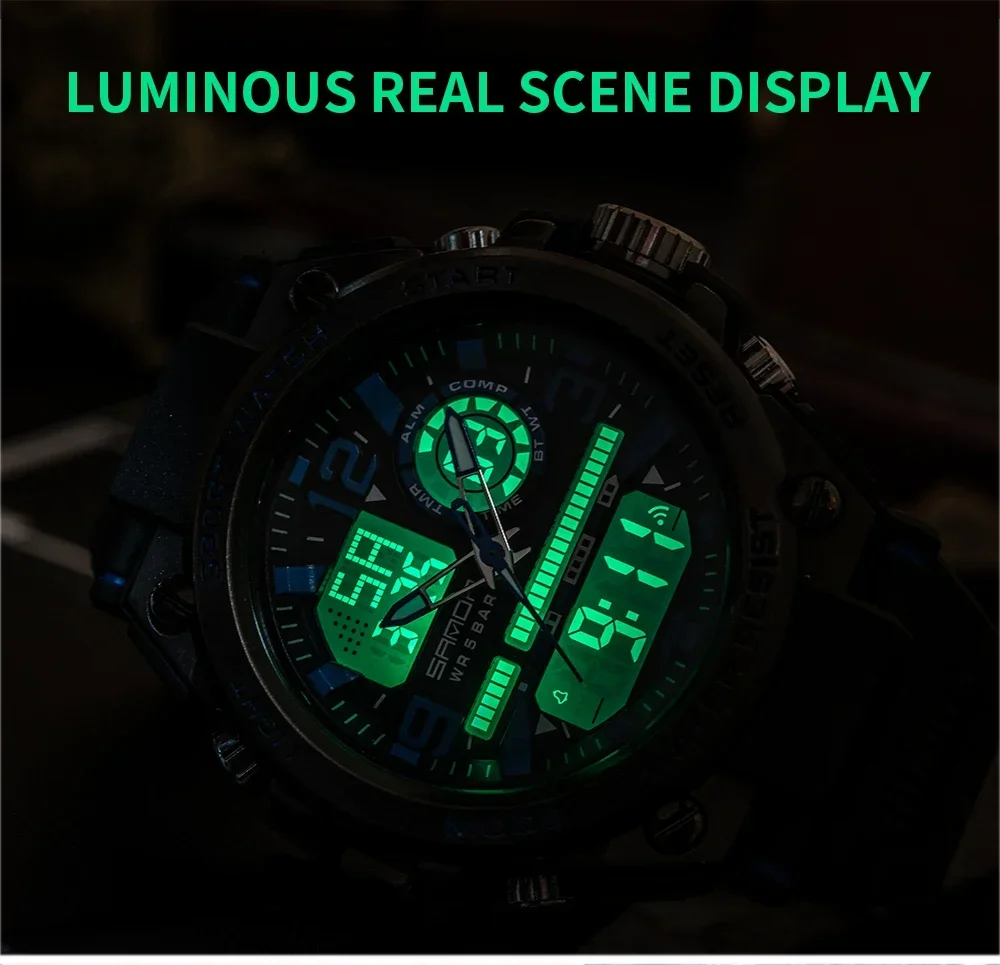 SANDA 6024 LED Dual Display Electronic Digital Mens Wristwatches Sport Quartz Watch for Men Waterproof Military Shockproof Clock
