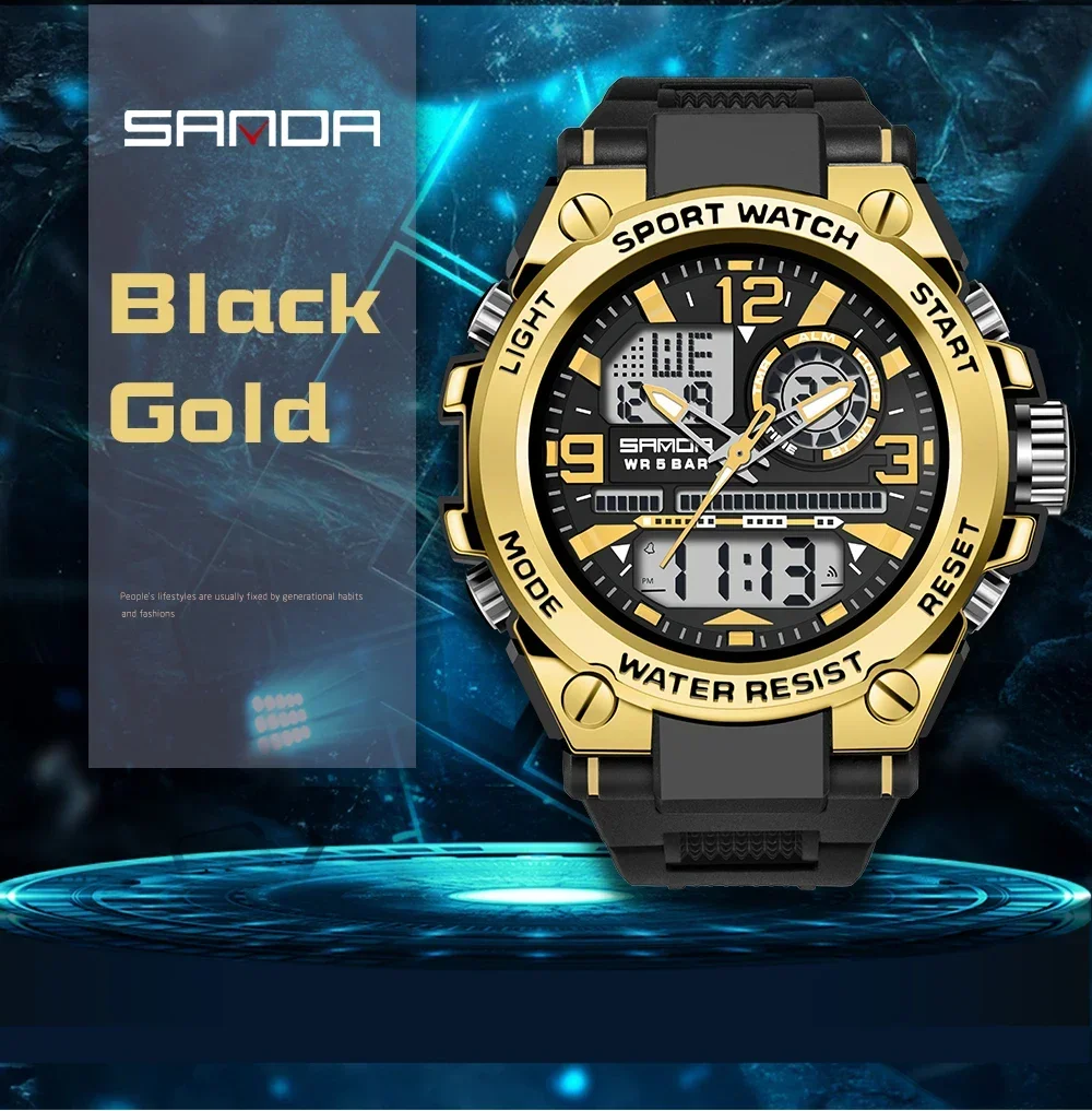SANDA 6024 LED Dual Display Electronic Digital Mens Wristwatches Sport Quartz Watch for Men Waterproof Military Shockproof Clock