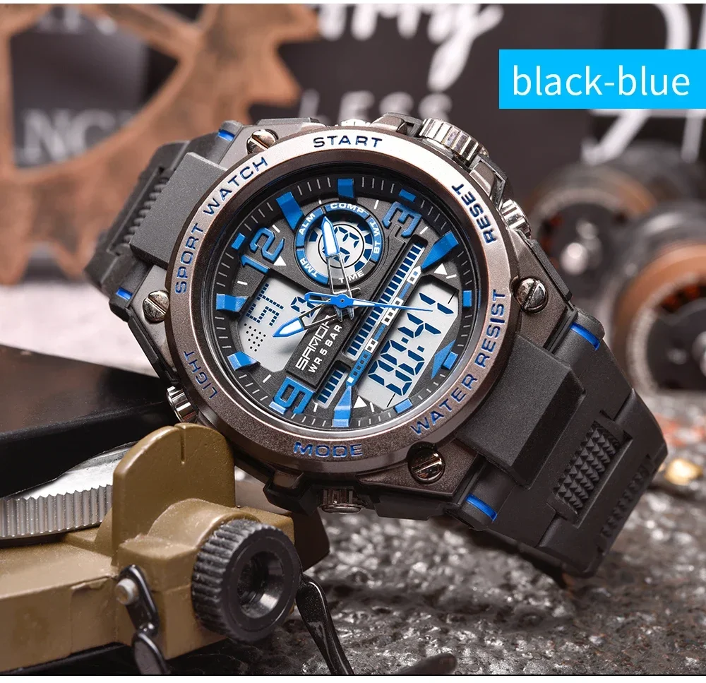 SANDA 6024 LED Dual Display Electronic Digital Mens Wristwatches Sport Quartz Watch for Men Waterproof Military Shockproof Clock