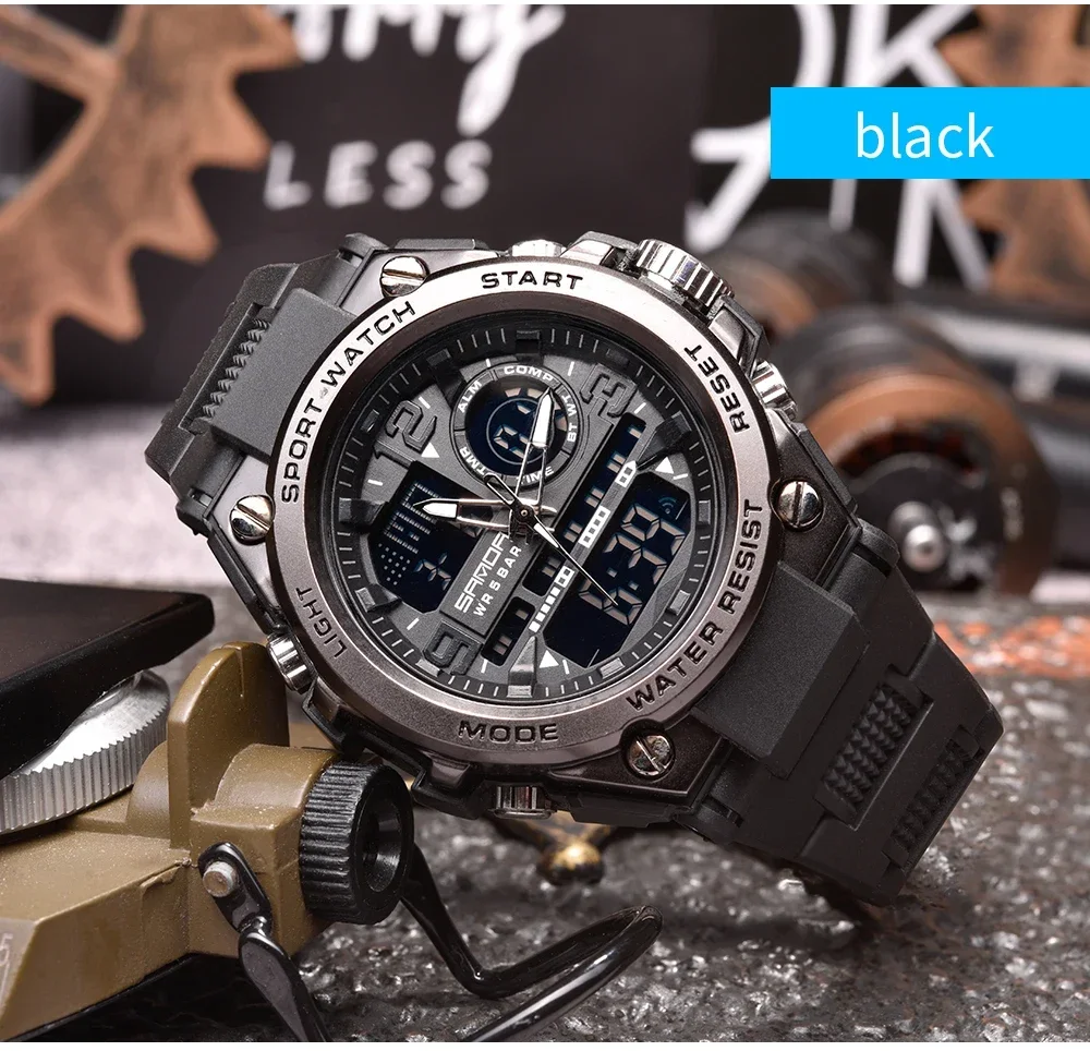 SANDA 6024 LED Dual Display Electronic Digital Mens Wristwatches Sport Quartz Watch for Men Waterproof Military Shockproof Clock