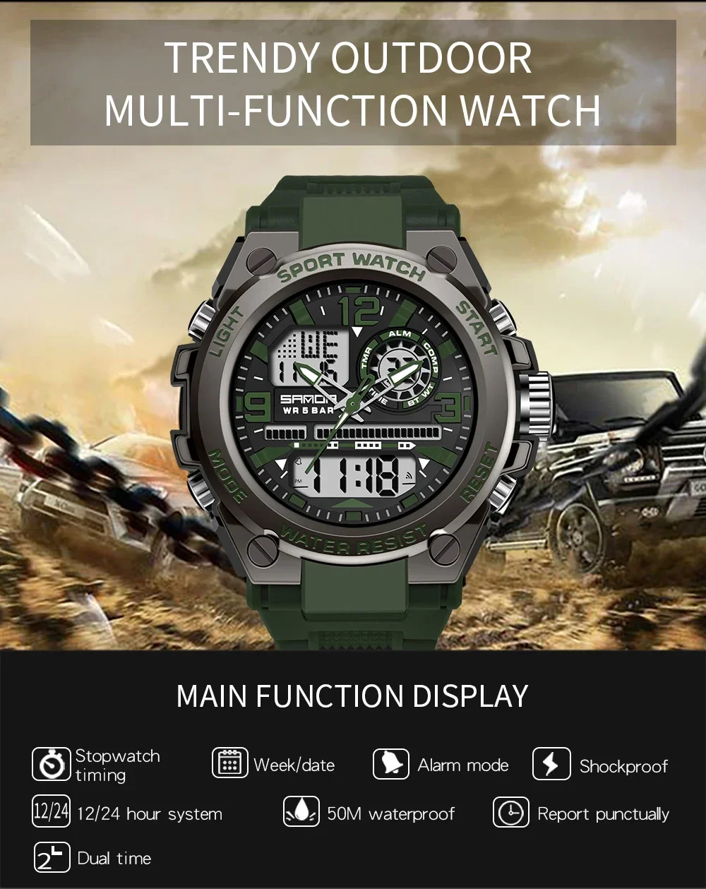 SANDA 6024 LED Dual Display Electronic Digital Mens Wristwatches Sport Quartz Watch for Men Waterproof Military Shockproof Clock