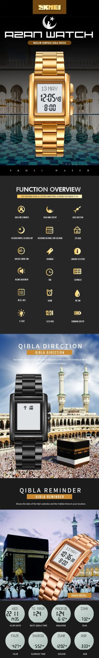 SKMEI 2092 Digital Watch for Men Qibla Direction Religious Month Hijri Calendar Summer Language Chrono Waterproof Reloj Hombre