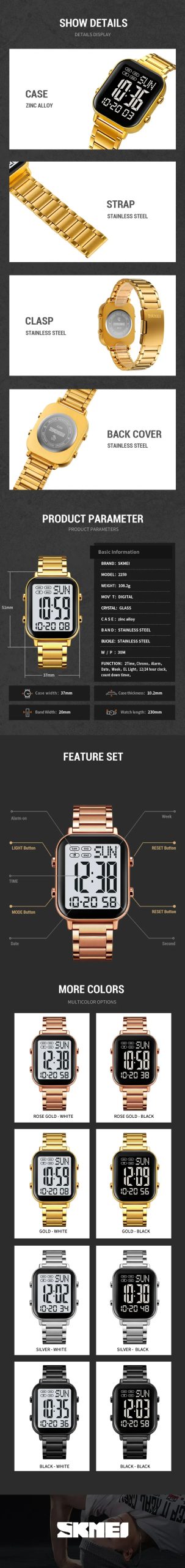 SKMEI 2259 Luxury Digital Watch for Men Waterproof Sport Electronic Mens Wristwatch EL Display Stainless Steel Reloj Hombre 1859