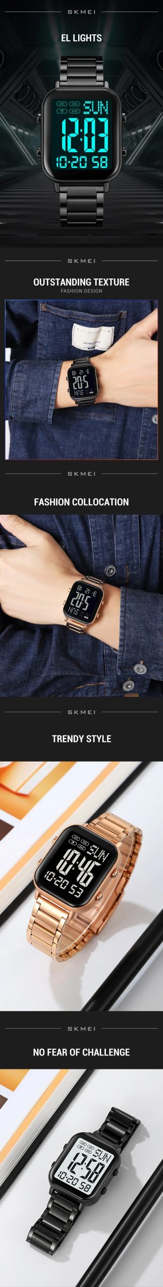 SKMEI 2259 Luxury Digital Watch for Men Waterproof Sport Electronic Mens Wristwatch EL Display Stainless Steel Reloj Hombre 1859
