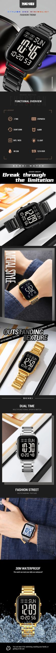 SKMEI 2259 Luxury Digital Watch for Men Waterproof Sport Electronic Mens Wristwatch EL Display Stainless Steel Reloj Hombre 1859