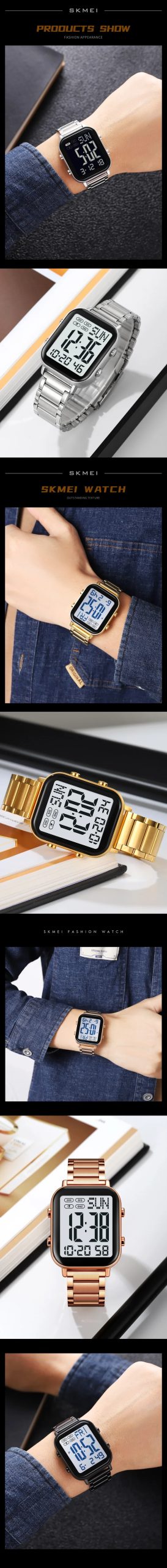 SKMEI 2259 Luxury Digital Watch for Men Waterproof Sport Electronic Mens Wristwatch EL Display Stainless Steel Reloj Hombre 1859