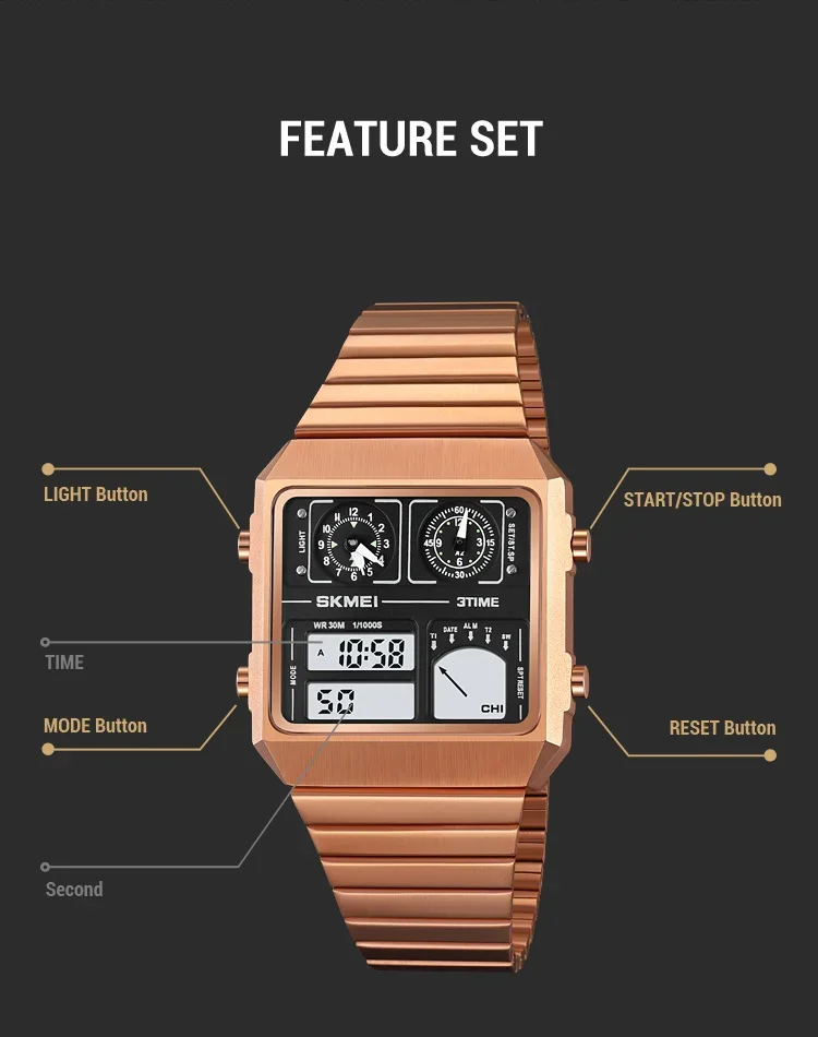 SKMEI 2198 Luxury Stainless Steel Digital Watch Men Waterproof Sports Week Date Mens Wristwatches Alarm Relojes Para Hombre 2033