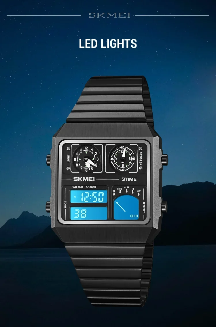 SKMEI 2198 Luxury Stainless Steel Digital Watch Men Waterproof Sports Week Date Mens Wristwatches Alarm Relojes Para Hombre 2033