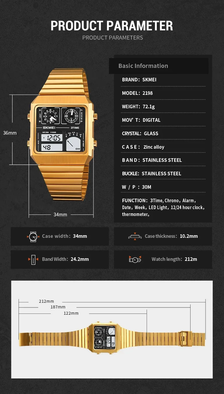 SKMEI 2198 Luxury Stainless Steel Digital Watch Men Waterproof Sports Week Date Mens Wristwatches Alarm Relojes Para Hombre 2033