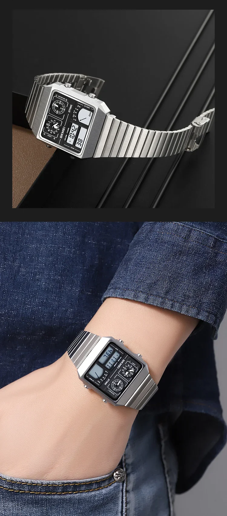 SKMEI 2198 Luxury Stainless Steel Digital Watch Men Waterproof Sports Week Date Mens Wristwatches Alarm Relojes Para Hombre 2033